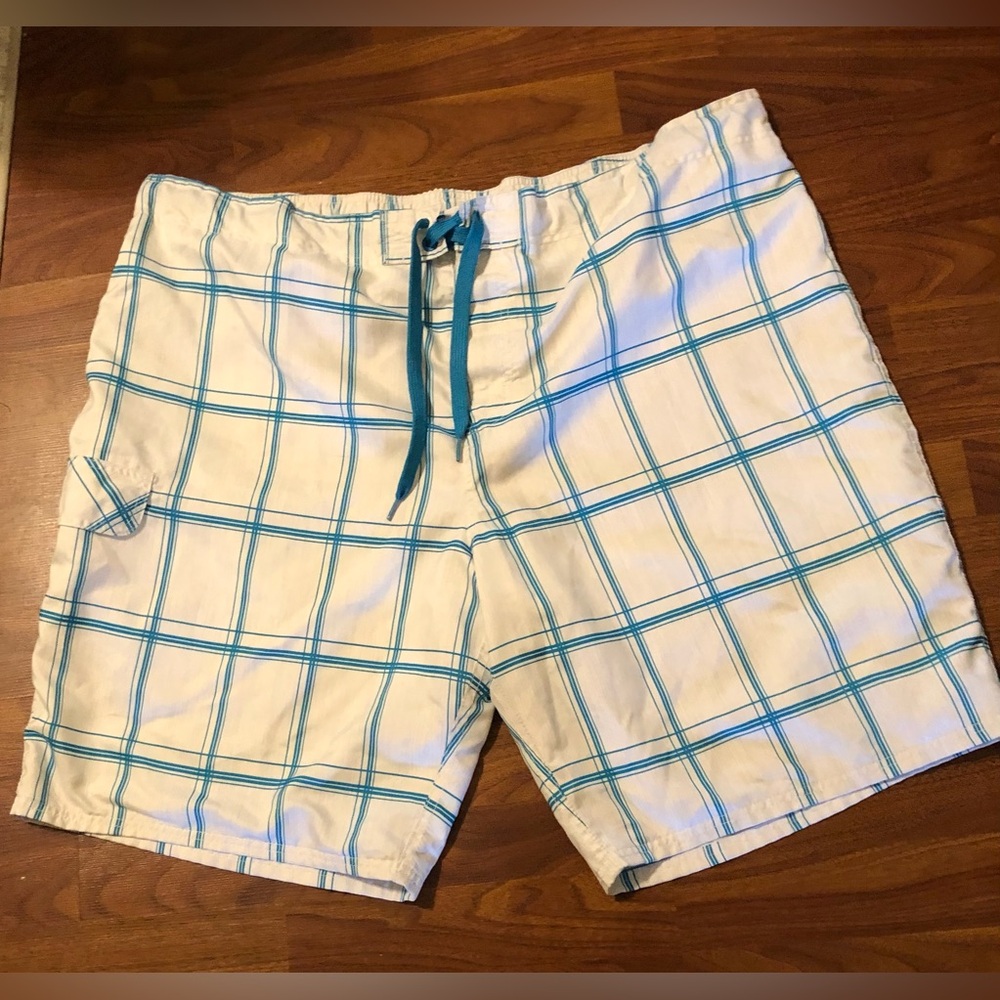 OP Swim Trunks 3XL (48-50) White Turquoise Striped Drawstring EUC